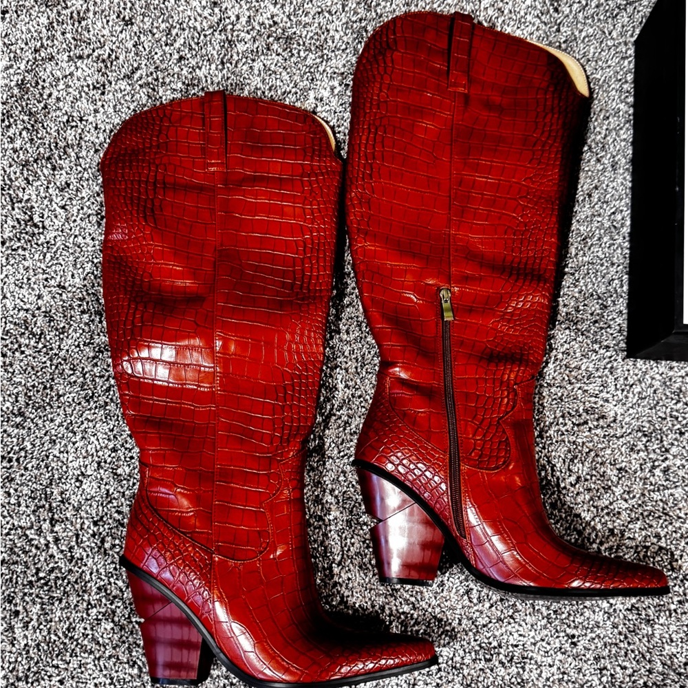Brown Wide Calf Croc-Embossed Cowboy Knee High Heeled Boots